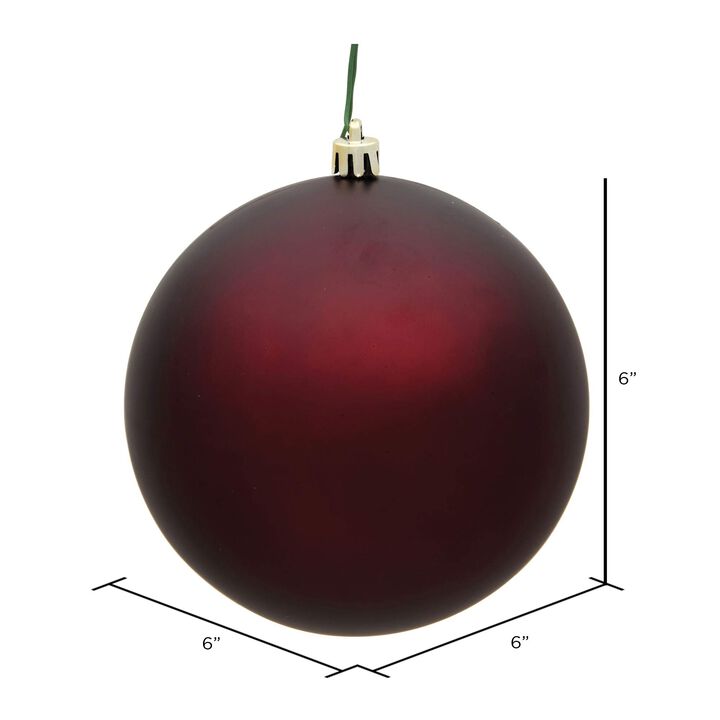 Vickerman 6" Burgundy Matte Ball Ornament - Shatterproof & UV Resistant Plastic - Drilled Cap with Floral Wire - Ready to Hang - 4 Ornaments Per Pack - Ready to Hang