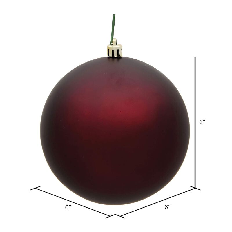 Vickerman 6" Burgundy Matte Ball Ornament - Shatterproof & UV Resistant Plastic - Drilled Cap with Floral Wire - Ready to Hang - 4 Ornaments Per Pack - Ready to Hang image number 1