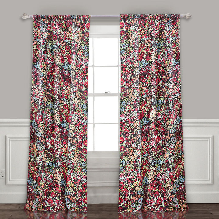 Burges 84 Inch Window Panel Curtain, Red and Pink Reed Print, Rod Pockets - Benzara