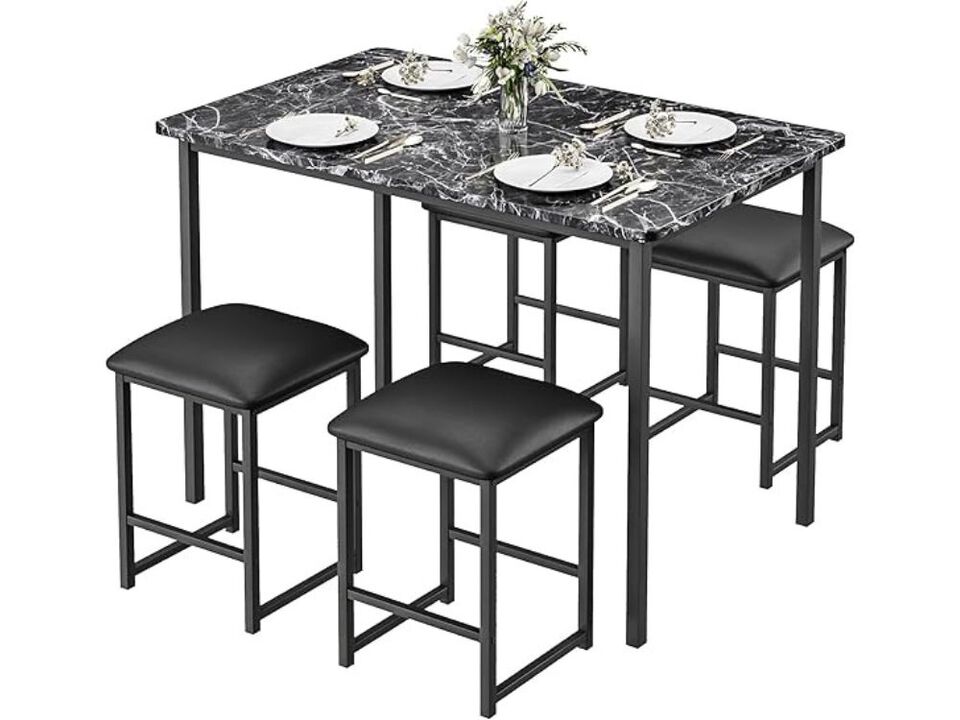 Dining Set &ndash; 4‑Seat Veined Black Faux Marble Table with PU Chairs, Metal Frame Design