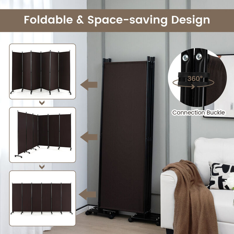 6 Panel Folding Room Divider Screen on Lockable Wheels for Home and Office Use-Walnut image number 4