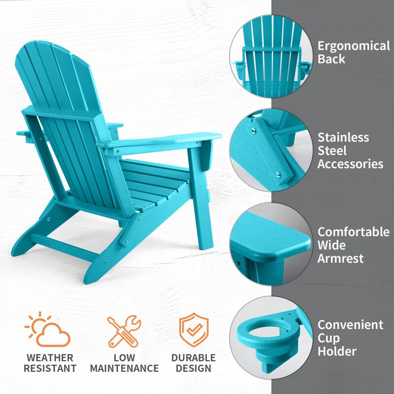 FUNBERRY Folding Adirondack Chair Set of 4, HDPE All Weather Fire Pit Chairs with Cup Holder for Outdoor