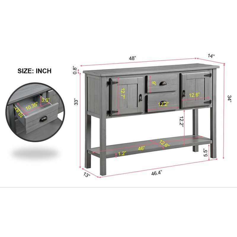 Whisen Retro Style Console Table with 2 Drawers,Cabinets and Bottom Shelf - Antique Gray
