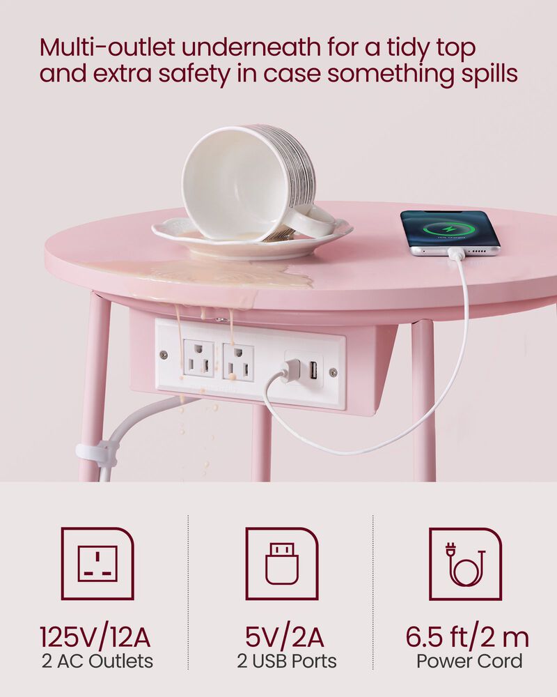 Nightstand with Charging Station – Compact Side Table with Power Strip for Phones, Tablets & Lamps