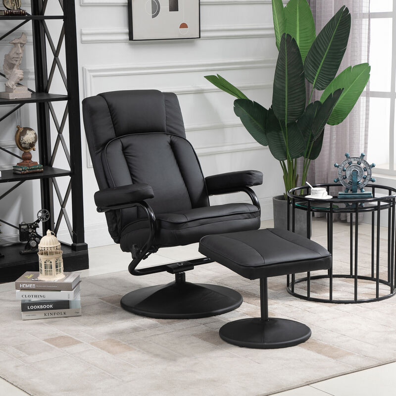 HOMCOM Swivel Recliner, Manual PU Leather Armchair with Ottoman Footrest for Living Room, Office, Bedroom, Black