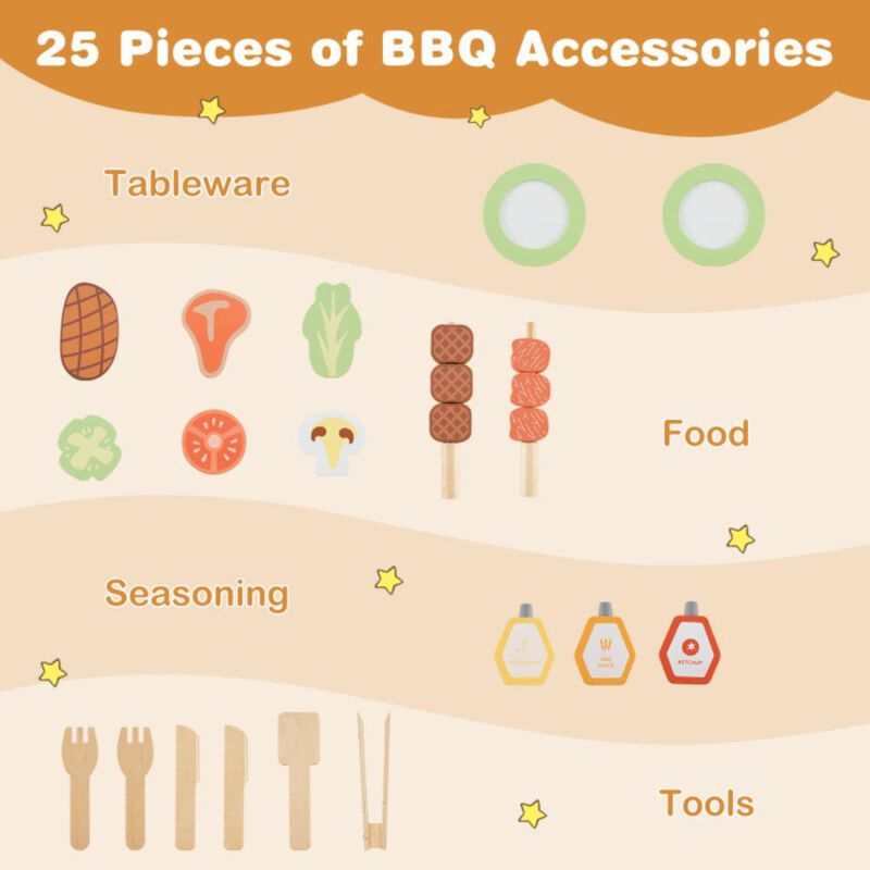 Hivvago Kids Wooden Barbecue Grill Playset Pretend Kitchen with Food and Wheels