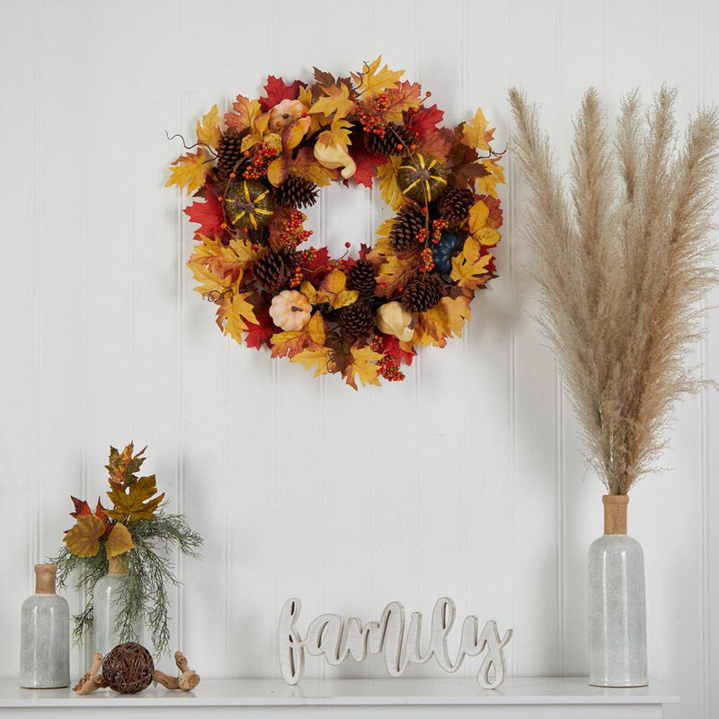 Nearly Natural 26-in Fall Pumpkin, Gourd, Pinecone and Maple Leaf Artificial Autumn Wreath