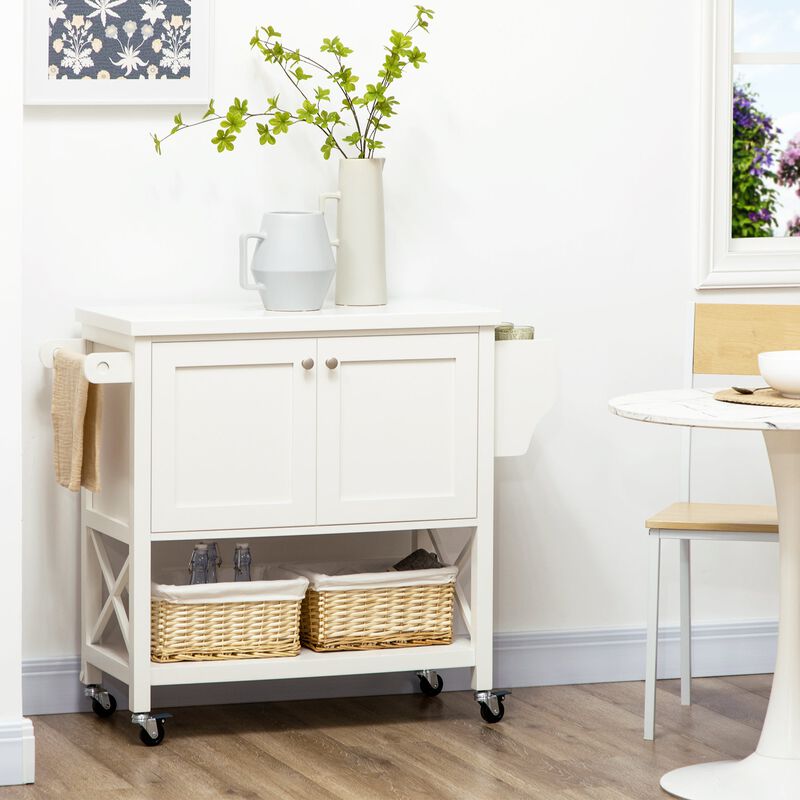 White Kitchen Helper: Mobile Island with Rubberwood Top & Storage