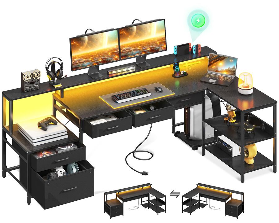 AODK L Shaped Desk with 5 File Drawers, 75 Reversible L Shaped Computer Desk with Power Outlet & LED Strip, Office Desk with S