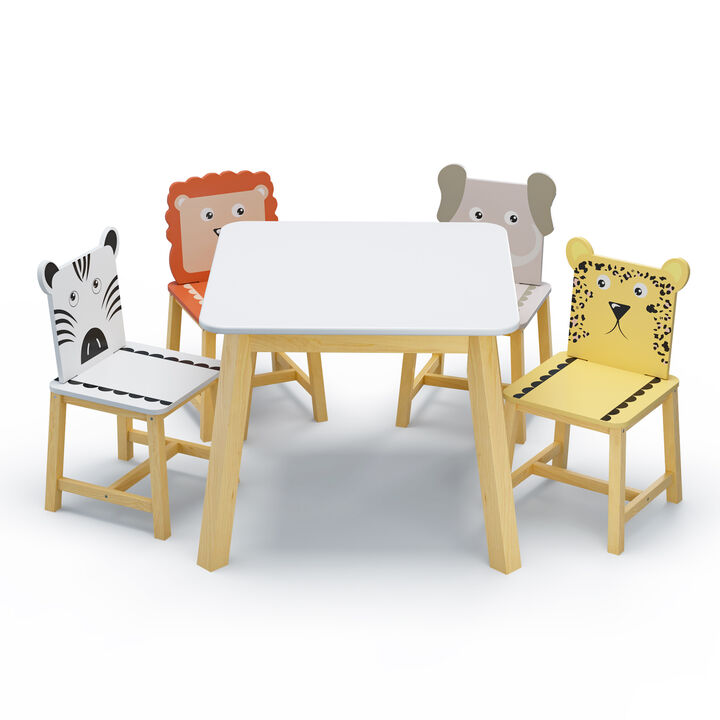 Hivvago 5 Pcs Solid Wood Kiddie Dining and Playing Table and Chair Set
