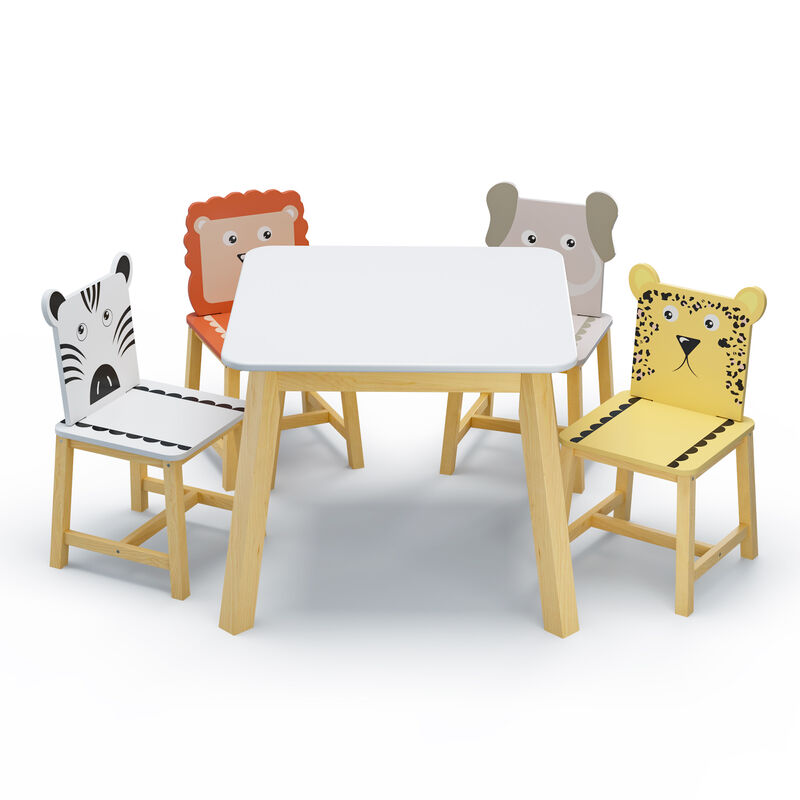 Hivvago 5 Pcs Solid Wood Kiddie Dining and Playing Table and Chair Set