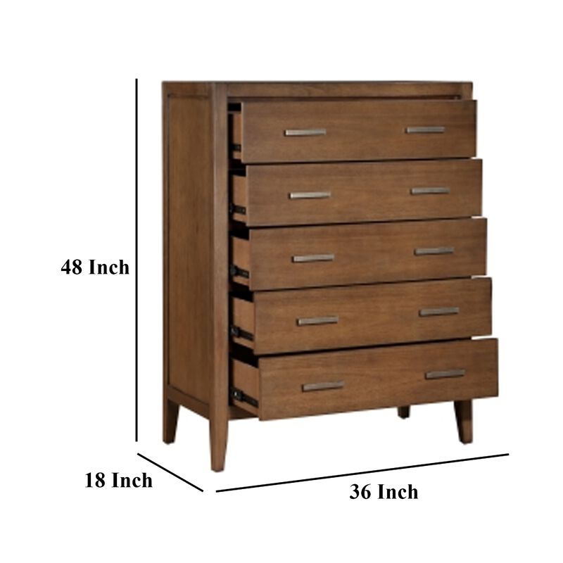 Evi Tall Dresser Chest, 5 Drawers, Brushed Rich Brown, Brass Pulls