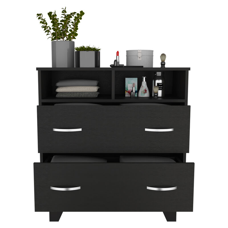 DEPOT E-SHOP Stamford Two Drawer Dresser, Four Legs, Two Open Shelves, Superior Top, Black