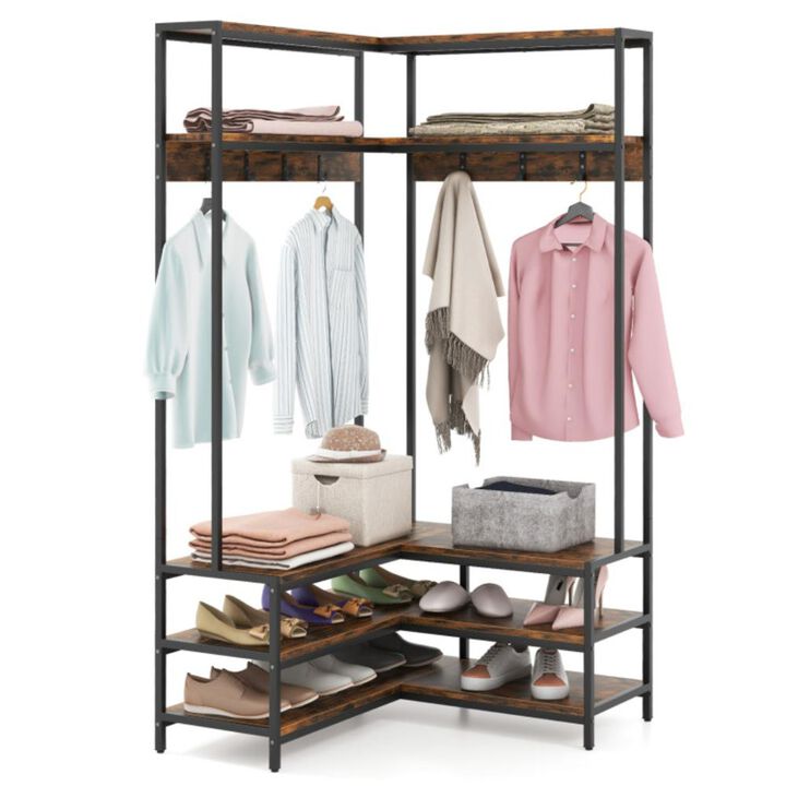 Hivvago Corner Garment Rack with Open Shelves and 7 Hooks Shoe Bench