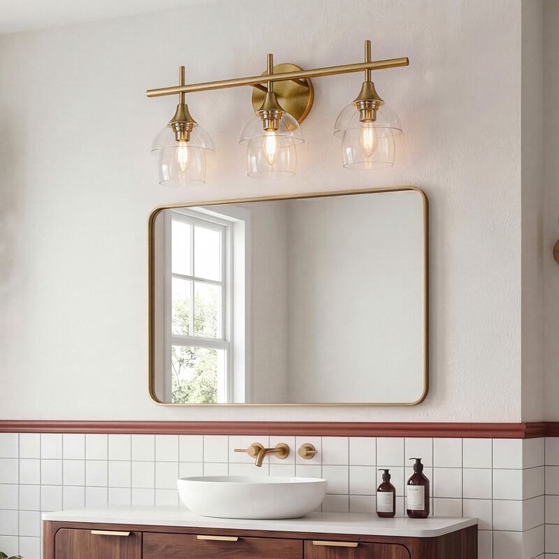 Gold Bathroom Vanity Light, Three-Light Tiered Clear Glass Shades image number 3