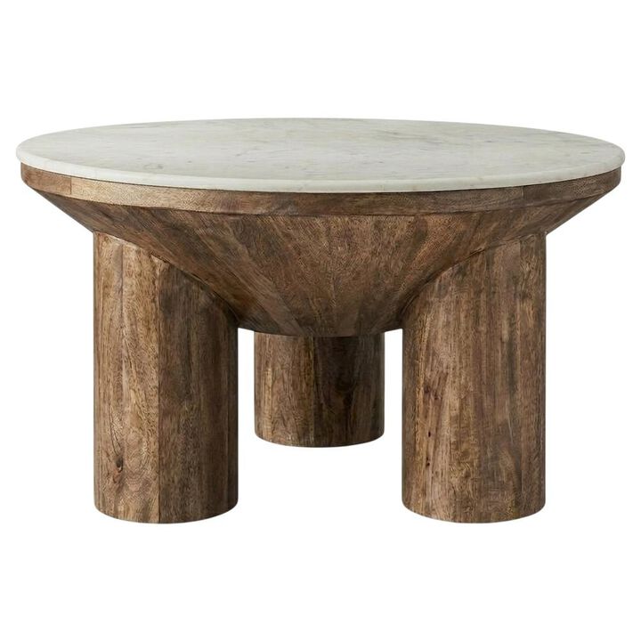 Wood Coffee Table with Marble Top, 33-Inch Round, Modern Design