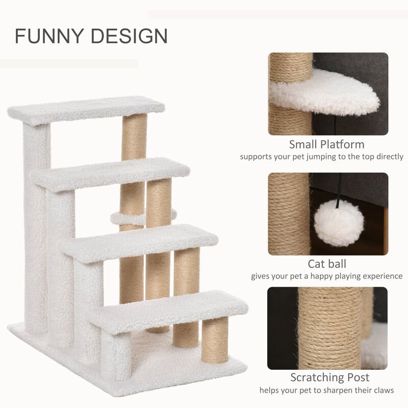 White Pet Climber: 4-Level Carpeted Cat Stairs with Scratching Posts image number 4