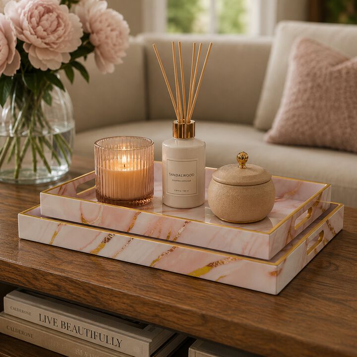 Hamza Rectangular Tray, Set of 2, Pink-Gold Marble Finish Polyurethane