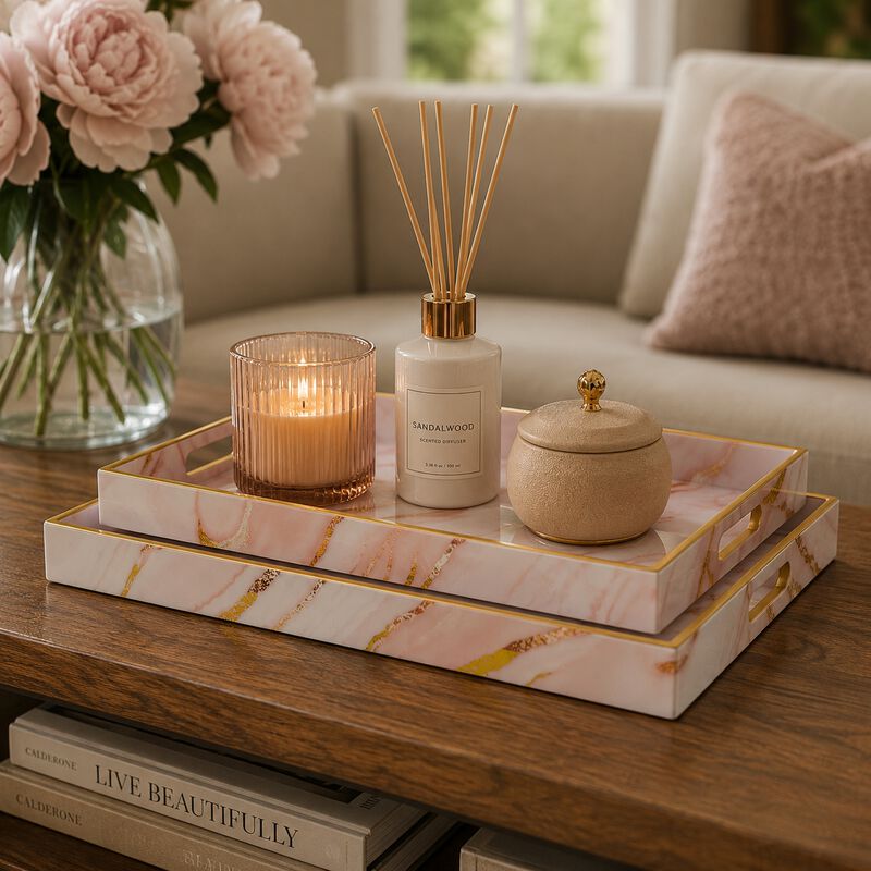 Hamza Rectangular Tray, Set of 2, Pink-Gold Marble Finish Polyurethane image number 1