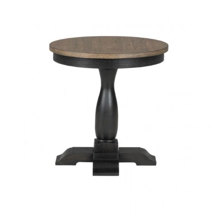 Ginie Round End Table, Rustic Black Brown Solid Rubberwood, 24 Inch