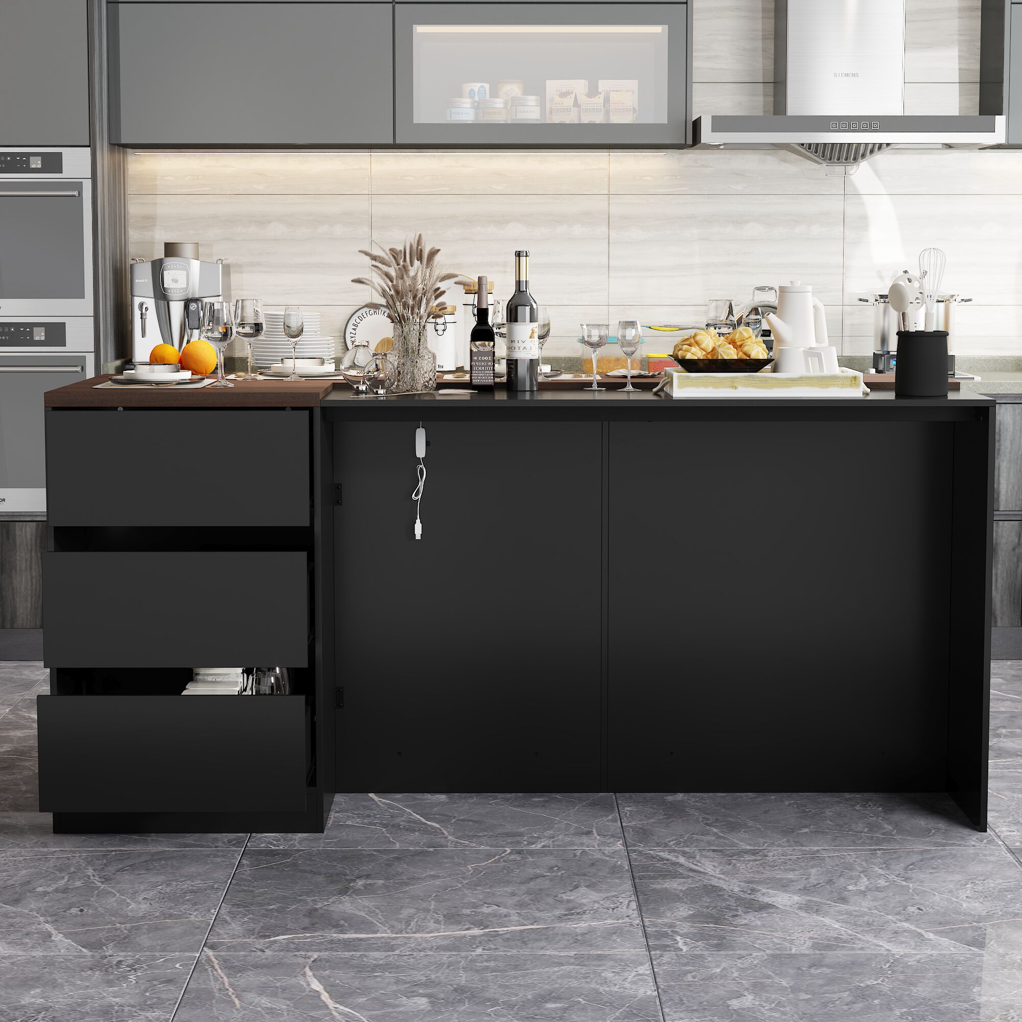 FUFU&GAGA Black Mdf Base with Mdf Top Kitchen Island (36.6-in x