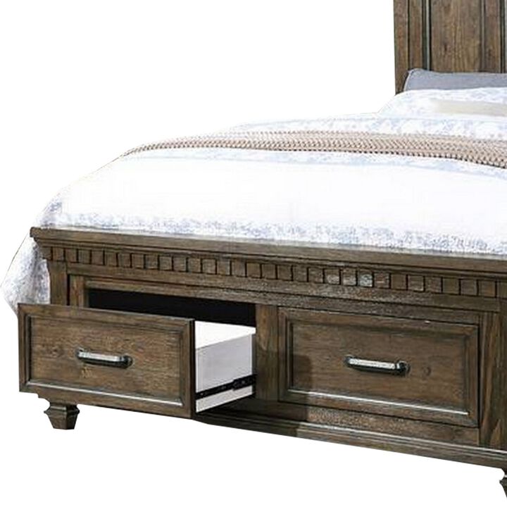 Ziv Classic Wood Queen Size Bed with Storage Drawers, Metal Handles, Brown - Benzara