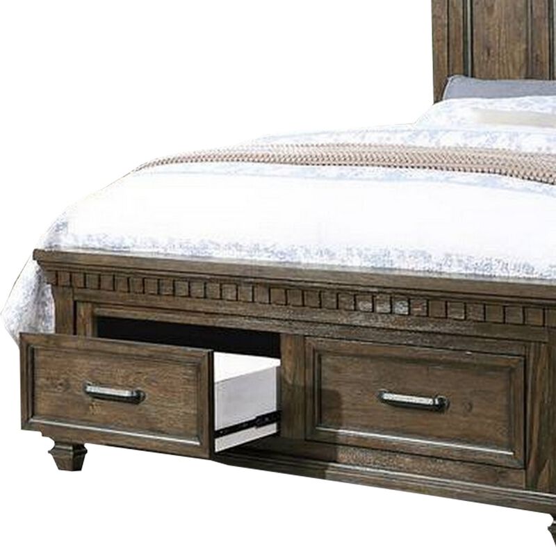 Ziv Classic Wood Queen Size Bed with Storage Drawers, Metal Handles, Brown - Benzara