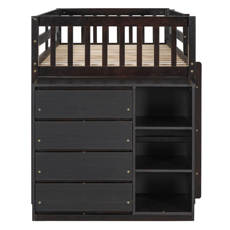 Whisen Twin over Twin Bunk Bed with 4 Drawers and 3 Shelves- Espresso