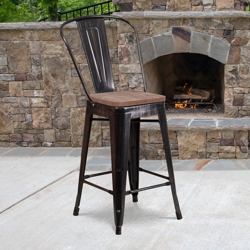 Flash Furniture Lily 24" High Black-Antique Gold Metal Counter Height Stool with Back and Wood Seat image number 1