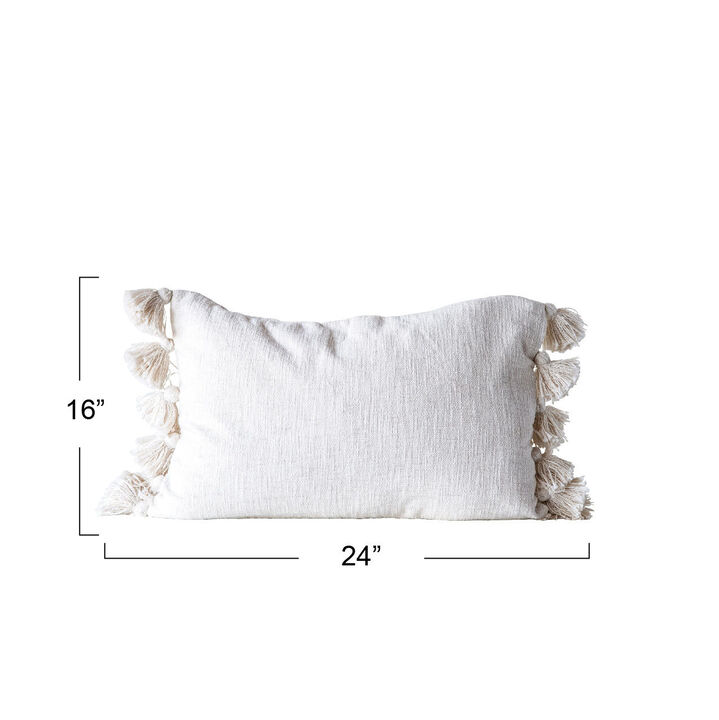 Woven Cotton Slub Lumbar Pillow with Tassels, Cream