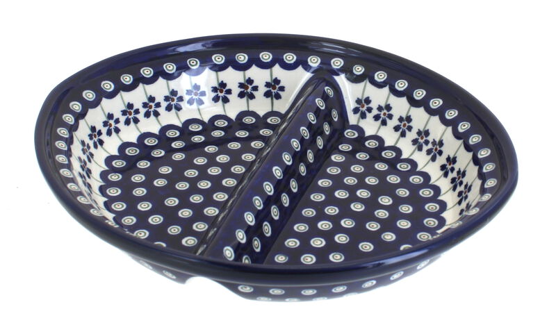 Blue Rose Polish Pottery Grapes Large Divided Dish with Cobalt Trim