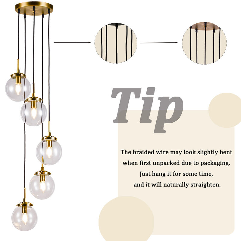 5-Light Antique Gold Staircase Modern Chandelier Foyer Pendant With Clear Globe Bubble Glass Accents image number 6