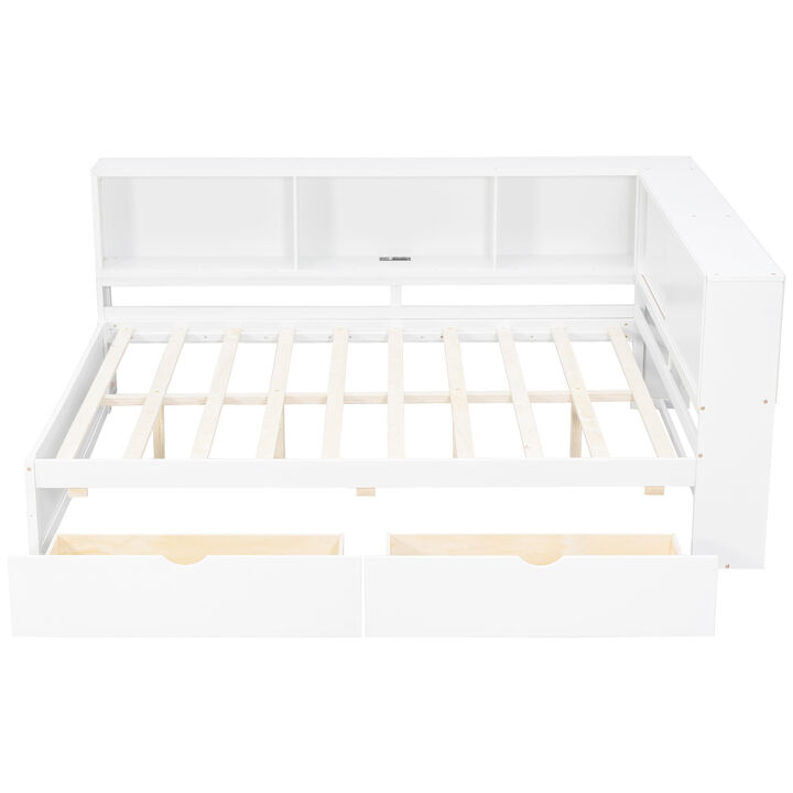 Merax Wooden Queen Daybed with Storage Shelves, LED Light Strip, USB