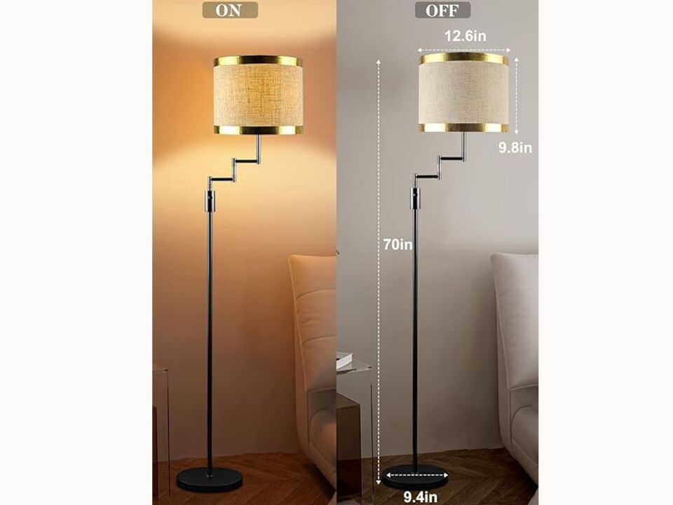 70" Black LED Floor Lamp – Dimmable Linen Shade, 350° Swing Arm, 3000K Light