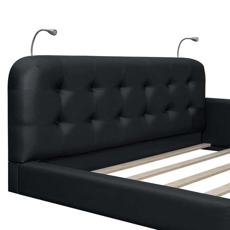 Merax PU Leather Upholstered Platform Bed with 2 Reading Lights