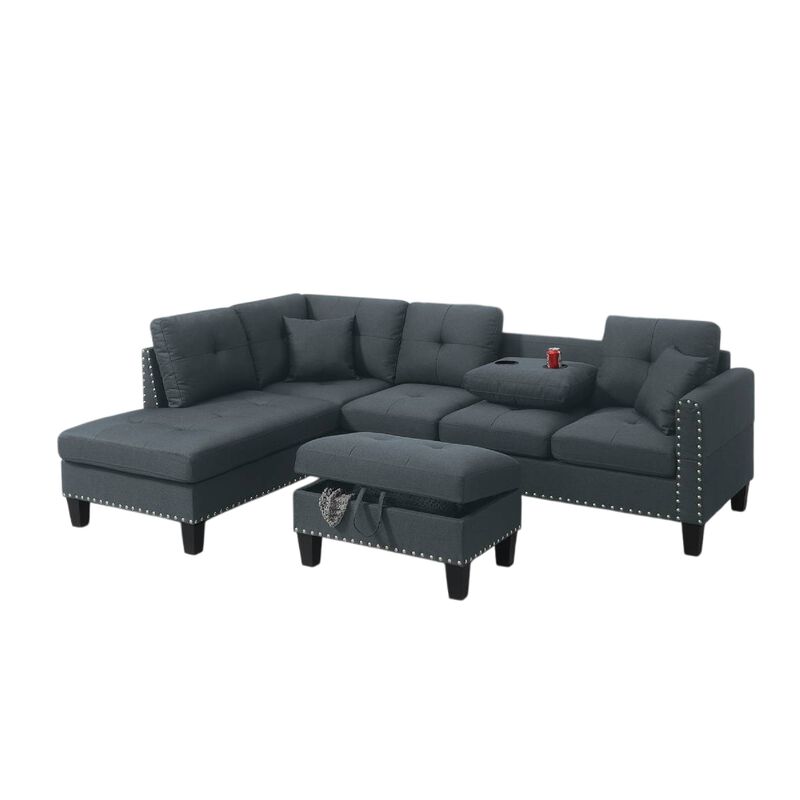 Rema 3pc Sectional Sofa, Chaise, Ottoman, 2 Pillows, Dark Gray Linen