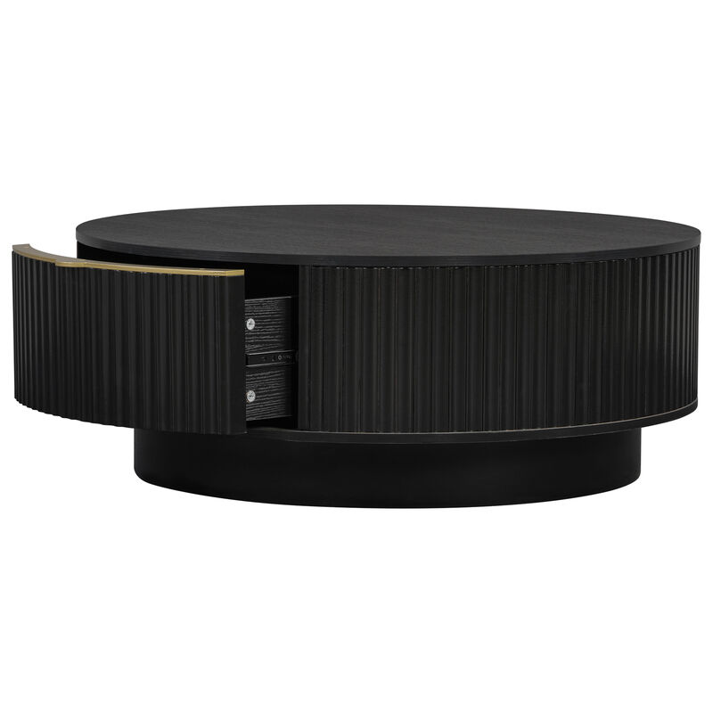 Merax Contemporary Round Coffee Table with Fluted Side Detailing, Concealed Drawers & Gold image number 4