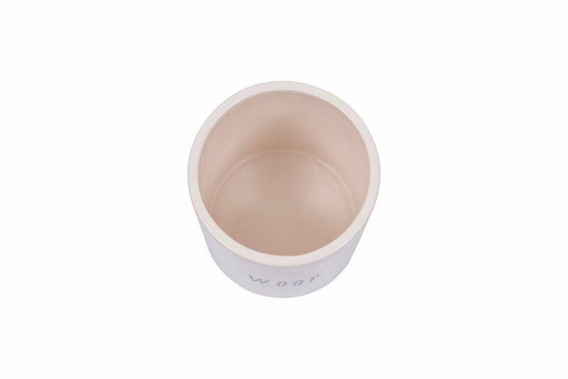 Ceramic Dog Treat Jar with "Woof" Message and Bone Handle Lid, White and Black image number 4