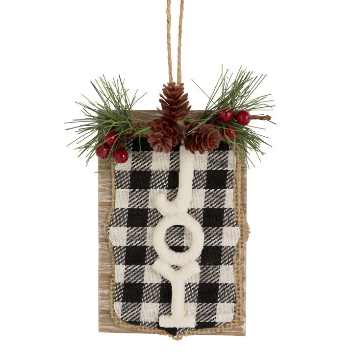 4.75" Black and White Buffalo Plaid "Joy" Pinecone Christmas Sign Ornament