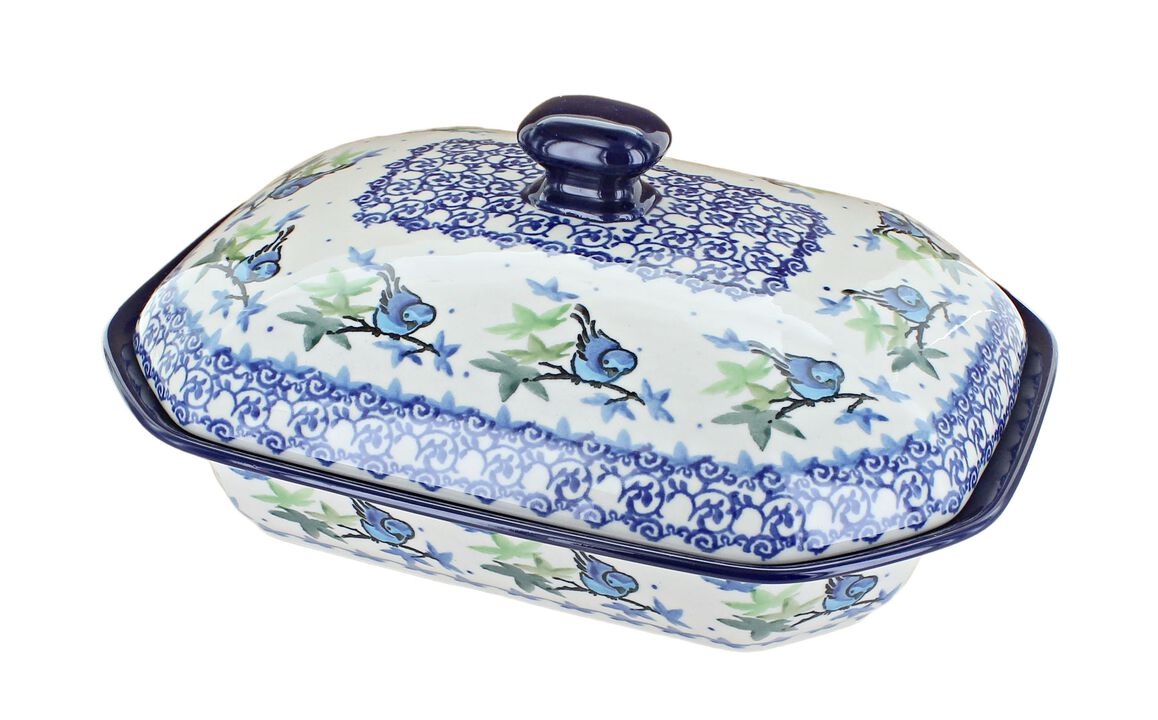 Blue Rose Polish Pottery Mockingbird Medium Covered Baker