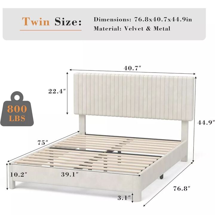 Vipbear Beige Velvet Upholstered Platform Bed Frame with Headboard, Wood Slat Support, Easy Assembly