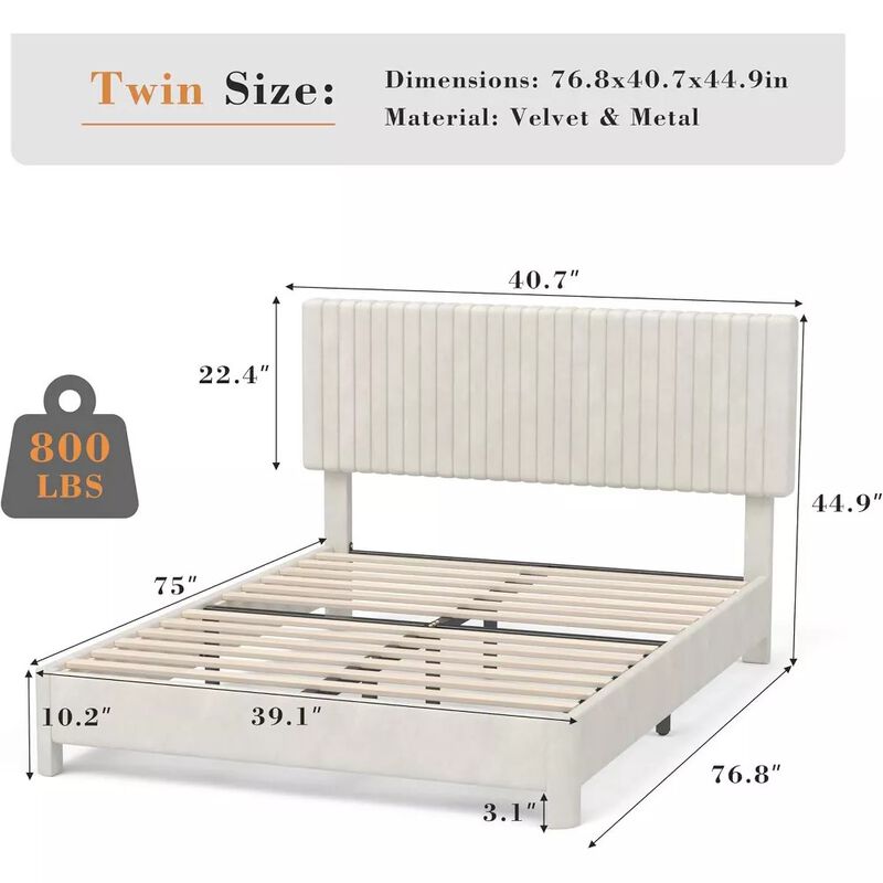 Vipbear Beige Velvet Upholstered Platform Bed Frame with Headboard, Wood Slat Support, Easy Assembly image number 1