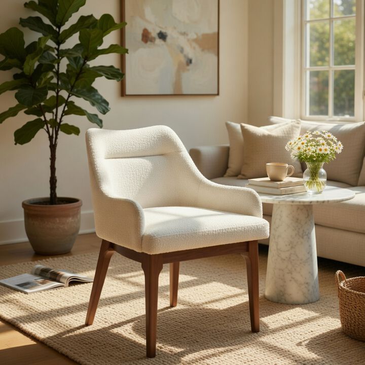 Pery Dining Side Chair Set of 2, White Chenille, Angled Oak Brown Legs