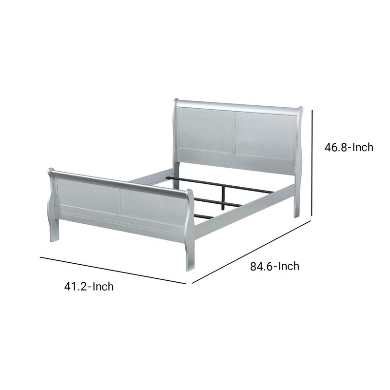Wooden Queen Size Bed with Sleigh Headboard and Footboard, Silver-Benzara