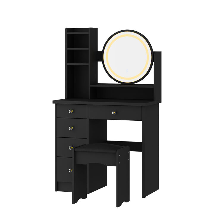 5-Drawers Black Wood Makeup Vanity Set Dressing Desk W/ Stool, LED Round Mirror and Storage Shelves 52x 31.5x 15.7 in.
