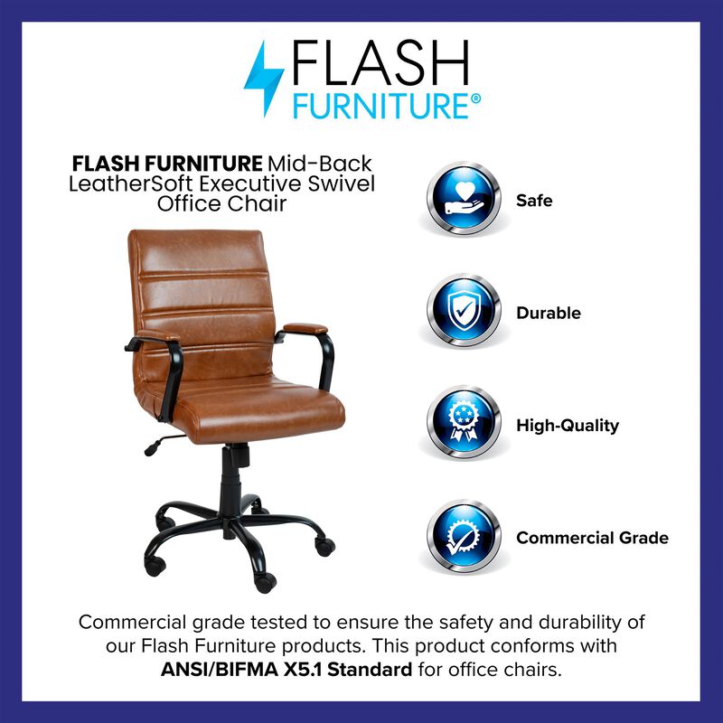 Flash Furniture Whitney Mid-Back Swivel Leather Desk Chair with Padded Seat and Armrests, Adjustable Height Padded Leather Office Chair, Brown/Black