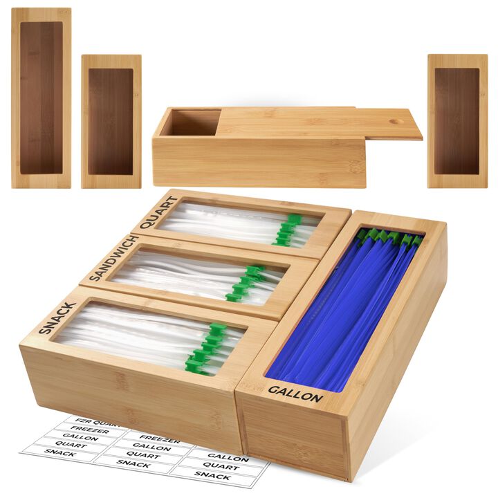 Storage Bag Organizer, Bamboo Baggie Organizer for Drawer, 4 Modular Boxes with Labels, Plastic Bag Storage Organizer, Quick Ref