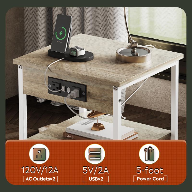 WLIVE Side Table with Charging Station and USB Ports, Small End Tables for Small Spaces, 3-Tier Nightstand with Adjustable Shelf