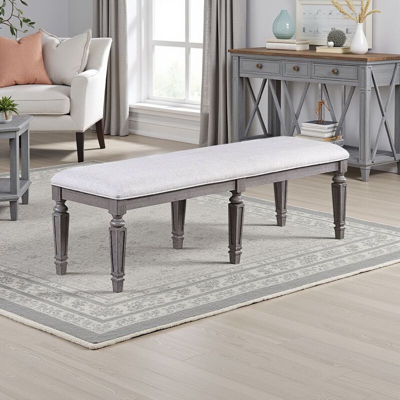Winie Dining Bench with Turned Legs, 64 Inch Gray Wood and Fabric - Benzara
