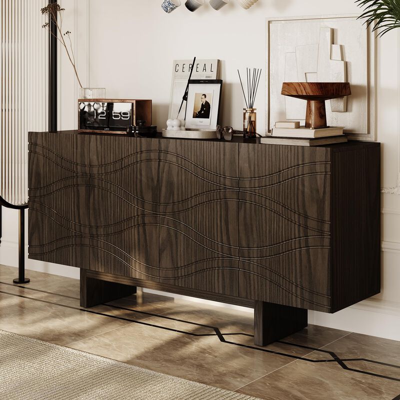 Clihome 63"Sideboard Buffet Cabinet,4 Door Console Cabinet with Adjustable Shelf,Cream Wave